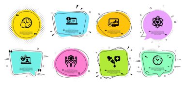 Mum çubuğu grafiği, Atom ve Zaman yönetimi çizgi simgeleri ayarlanır. Tırnak işaretleri ile sohbet kabarcıklar. Çalışan el, Kimya pipet ve Online dokümantasyon işaretleri. Güncelleme zamanı, Online kimya sembolleri. Vektör