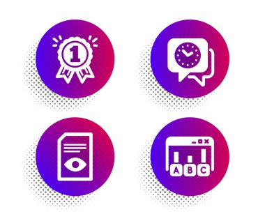 Ödül, Görünüm belge ve Saat simgeleri basit ayarlayın. Yarı ton nokta düğmesi. Anket sonuçları işareti. Birincilik, Dosyayı aç, Zaman. En iyi cevap. Eğitim seti. Klasik düz ödül simgesi. Vektör