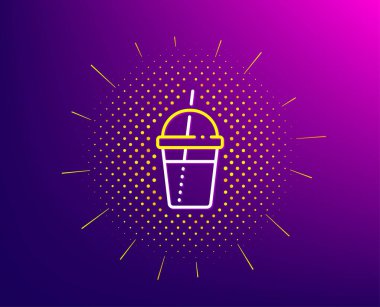 Kahve kokteyl ikonu. Yarı ton deseni. Sıcak latte, milkshake işareti. Çay içeceği kupa sembolü. Degrade arka plan. Kahve kokteyl ikonu. Sarı yarı ton deseni. Vektör