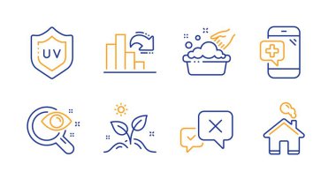 Vizyon testi, Bitki ve El yıkama hattı simgeleri ayarlayın grow. Uv koruması, Azalan grafik ve Tıbbi telefon işaretleri. Reddet, Ev sembolleri. Görme kontrolü, Leaves. İş seti. Vektör