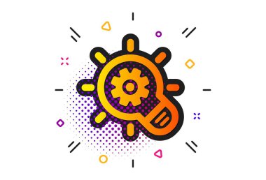 Mühendislik araç işareti. Yarı ton daireler deseni. Cogwheel simgesi. Fikir ampul sembolü. Klasik düz dişli çark simgesi. Vektör