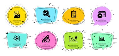 İşe alım, sıralama yıldız ve Grafik çizgi simgeleri ayarlayın. Tırnak işaretleri ile sohbet kabarcıklar. Kimya şişesi, Proje son teslim tarihi ve Analytics işaretleri. Kontrol listesi, Takvim saati sembolleri. Vektör