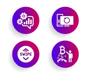 Cogwheel, Yukarı Kaydır ve Kurtarma bilgisayar simgeleri basit ayarlayın. Yarı ton nokta düğmesi. Bitcoin proje işareti. Mühendislik aracı, Kaydırma ekranı, Yedekleme bilgileri. Cryptocurrency başlangıç. Teknoloji seti. Vektör