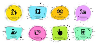 Hesap, Asansör ve İndirim satırı simgelerini kaldırın. Tırnak işaretleri ile sohbet kabarcıklar. Temizlik hizmeti, Baş ve görünmüyor işaretleri. El tıklama, Kan bağışı sembolleri. Vektör