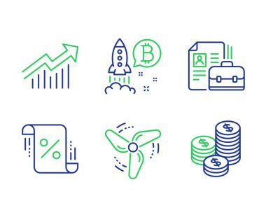 Kredi yüzdesi, Talep eğrisi ve Bitcoin proje çizgisi simgeleri ayarlanır. Rüzgar enerjisi, Boşluk ve Madeni Paralar işaretleri. İndirim planı, İstatistik raporu, Kripto para birimi başlangıcı. Vantilatör. Finans seti. Vektör