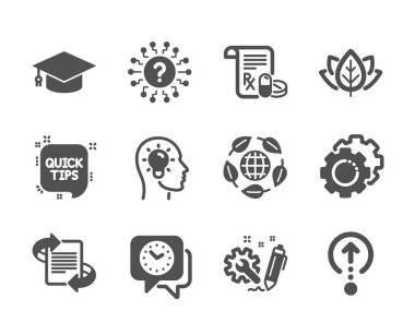 Mühendislik, Ayarlar dişlileri, Yukarı kaydırma, Pazarlama, Tıbbi reçete, Hızlı ipuçları, Mezuniyet kapağı, Organik test, Eko organik, Soru işareti, Saat gibi Bilim simgeleri kümesi. Vektör