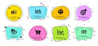 Özel teklif, Hedef ve Büyüme grafik satır simgeleri ayarlayın. Tırnak işaretleri ile sohbet kabarcıklar. Kredi kartı, Diyagram grafiği ve Bitcoin madenciliği işaretleri. Bankacılık, 24 saat sembolleri. İndirimler, Hedefleme. Vektör