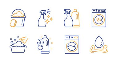 Sünger, Yıkama temizleyici ve Çamaşır makinesi hattı simgeleri ayarlayın. Temiz kabarcıklar, Şampuan ve sprey ve Kurutucu makine işaretleri. Su sıçrama sembolü. Temiz kova, temizlik spreyi. Temizlik seti. Vektör