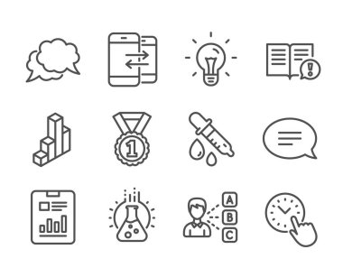 Set of Education icons, such as Chat, Report document, Phone communication, Chemistry lab, Best rank, Opinion, Chat message, Idea, Chemistry pipette, 3d chart, Time management, Facts. Vector clipart