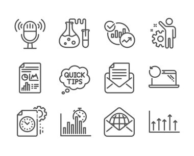 Mikrofon, Büyüme grafiği, Rapor belgesi, Proje son tarihi, İstatistikler, Kurtarma dizüstü bilgisayarı, Çalışan, Rapor zamanlayıcısı, Posta yazışmaları, Web postası, Hızlı ipuçları gibi Eğitim simgeleri kümesi. Vektör