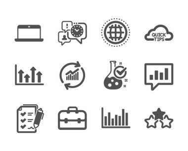 Set of Education icons, such as Update data, Upper arrows, Chemistry lab, Bar diagram, Survey checklist, Laptop, Quick tips, Time management, Analytical chat, Globe, Portfolio. Vector