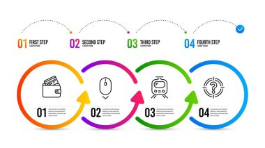 Kafa avcısı işareti. Bilgi grafikleri zaman çizelgesi. Aşağı kaydırın, Banka kartı ve Tren hattı simgeleri ayarlayın. Fare kaydırma, kredi kartı ile Cüzdan, Tramvay. Soru işareti ile amaç. İş seti. Simgeyi aşağı kaydırın. Vektör