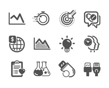 Dünya para, Zaman yönetimi, Ampul, Tıbbi ilaçlar, Hasta geçmişi, Kimya laboratuvarı, Çizgi grafik, Flash bellek, Hızlı kurtarma, Yatırım grafik, Hedefleme gibi Bilim simgeleri, Set. Vektör