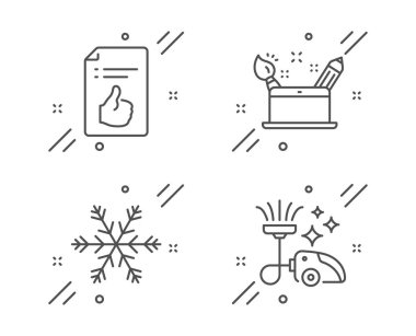 Onaylı belge, Yaratıcılık kavramı ve Klima hattı simgeleri ayarlayın. Elektrikli süpürge işareti. Sembol, grafik sanatı, Kar tanesi gibi. Vakumla temiz. Teknoloji seti. Vektör