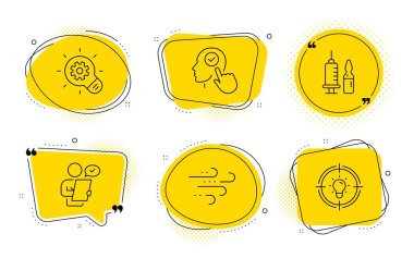 Cogwheel, Tıbbi aşı ve Fikir işaretleri. Sohbet baloncukları. Müşteri anketi, Rüzgarlı hava durumu ve Select kullanıcı satırı simgeleri ayarlayın. Sözleşme, Rüzgar, Onay Kutusu ile Kafa. Fikir ampulü. Bilim seti. Vektör