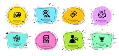 Şarap cam, Adil ticaret ve Seo istatistik hattı simgeleri ayarlayın. Tırnak işaretleri ile sohbet kabarcıklar. Euro para, 360 derece ve kullanıcı işaretleri ekleyin. Bozuk dosya, Arama istatistikleri sembolleri. Vektör