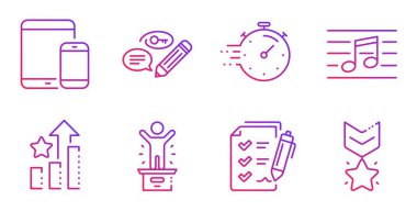 Timer, Müzikal nota ve Kazanan podyum çizgi simgeleri ayarlayın. Sıralama yıldızları, Anket kontrol listesi ve Mobil cihaz işaretleri. Anahtar Kelimeler, Kazanan madalya sembolleri. Son tarih yönetimi, Müzik. Eğitim seti. Vektör