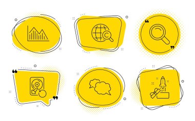 Uluslararası opyright, Kurtarma hdd ve Yenilik işaretleri. Sohbet baloncukları. Messenger, Arama ve Yatırım grafik çizgisi simgeleri ayarlayın. Konuşma balonu, Büyüteç, Yatırım bilgi çizelgesi. Vektör 