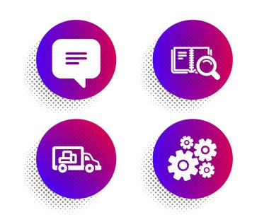 Arama kitabı, Metin mesajı ve Kamyon taşıma simgeleri basit ayarlayın. Yarı ton nokta düğmesi. Cogwheel işareti. Online eğitim, Sohbet balonu, Teslimat. Mühendislik aracı. Teknoloji seti. Vektör