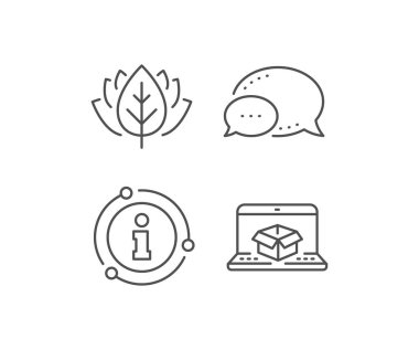 Çevrimiçi teslimat satırı simgesi. Sohbet balonu, bilgi işareti öğeleri. Parsel takip işareti. Lojistik web sitesi sembolü. Doğrusal çevrimiçi teslimat anahat simgesi. Bilgi balonu. Vektör