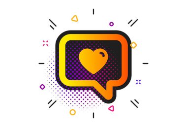 Aşk sohbet sembolü. Yarı ton daireler deseni. Heart in Speech kabarcık simgesi. Sevgililer günü iletişim işareti. Klasik düz aşk mesajı simgesi. Vektör