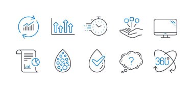 Yapay renkler, Zamanlayıcı, Soru işareti, Konsolidasyon, Verileri Güncelleme, Rapor, Bilgisayar, Dermatolojik olarak test edilmiş, Üst oklar, Tam döndürme çizgisi simgeleri gibi Bilim simgeleri kümesi. Vektör