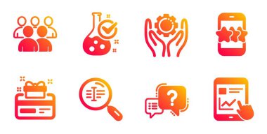 Arama metni, Grup ve Yıldız satırı simgeleri ayarlayın. Çalışan el, Kimya laboratuvarı ve Soru işareti işaretleri. Sadakat kartı, Internet rapor sembolleri. Kelime yi bul, Geliştiriciler. Teknoloji seti. Vektör