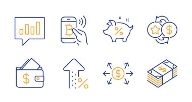 Bitcoin ödeme, Kredi yüzdesi ve Cüzdan satır simgeleri ayarlayın. Analitik sohbet, Dolar değişimi ve artan yüzde işaretleri. Sadakat puanları, Usd para birimi sembolleri. Mobil ödeme, Piggy bankası. Vektör