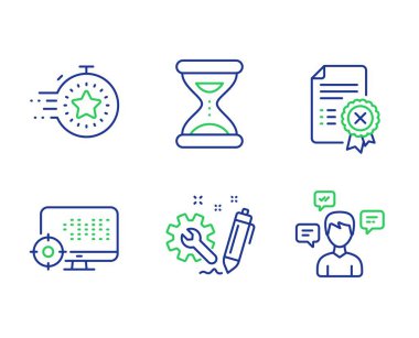 Seo, Zaman ve Mühendislik satır simgeleri ayarlayın. Zamanlayıcı, Reddet sertifikası ve Konuşma iletileri işaretleri. Arama motoru, Saat, İnşaat. Son tarih yönetimi. Teknoloji seti. Vektör