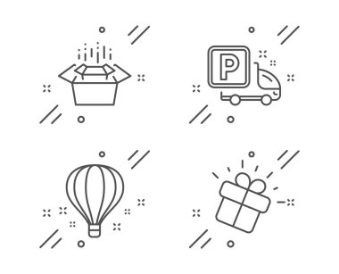 Ambalaj kutuları, Hava balonu ve Kamyon park hattı simgeleri ayarlayın. Hediye işareti. Teslimat kutusu, Sky seyahat, Ücretsiz park. Pazarlama kutusu. Ulaşım seti. Satır paketleme kutuları simgesini anahat. Vektör
