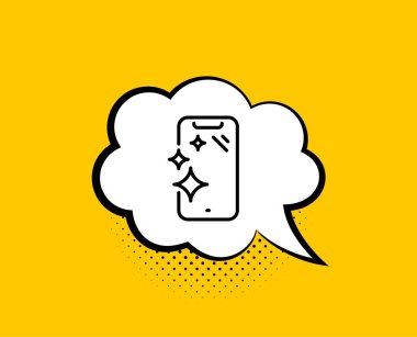 Akıllı telefon temiz ekran çizgisi simgesi. Komik konuşma balonu. Telefon tabelası. Mobil cihaz sembolü. Sohbet balonu ile sarı arka plan. Akıllı telefon temiz simgesi. Renkli afiş. Vektör