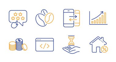 Grafik grafiği, Kahve çekirdekleri ve Sıralama yıldız çizgisi simgeleri ayarlayın. Zaman kum saati, Bankacılık para ve Seo komut dosyası işaretleri. Telefon iletişimi, kiralık ev sembolleri. Büyüme raporu, Kavrulmuş tohumlar. Vektör