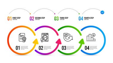 Azalan grafik işareti. Bilgi grafikleri zaman çizelgesi. 24 saat, Çamaşır makinesi ve Reddet sertifika satırı simgeleri ayarlayın. Yineleme, Onarım hizmeti, Reddet dosyası. Kriz şeması. İş seti. 24 saat simgesi. Vektör