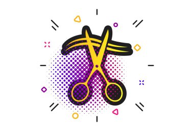 Makas saç işareti simgesi kesti. Yarı ton nokta desenleri. Kuaför veya berber sembolü. Klasik düz makas simgesi. Vektör