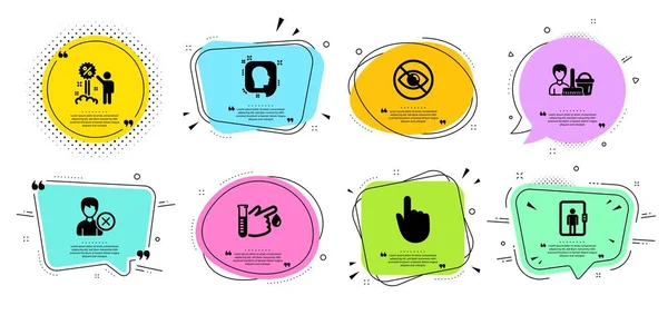 Hesap, Asansör ve İndirim satırı simgelerini kaldırın. Tırnak işaretleri ile sohbet kabarcıklar. Temizlik hizmeti, Baş ve görünmüyor işaretleri. El tıklama, Kan bağışı sembolleri. Vektör
