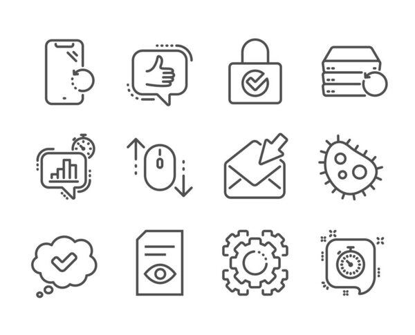Набор технологических значков, таких как View document, Seo gear, Scroll down, Like, Smartphone recovery, Password encryption, Timer, Recovery server, Statistics timer, Approved, Open mail. Вектор
