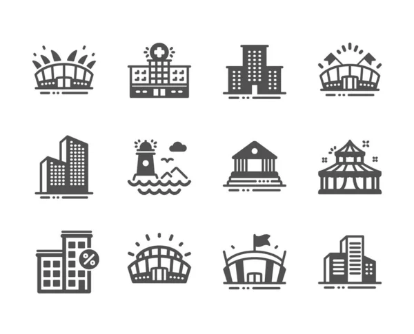 Set Buildings Icons Skyscraper Buildings Lighthouse Sports Arena Arena Sports — Stock Vector