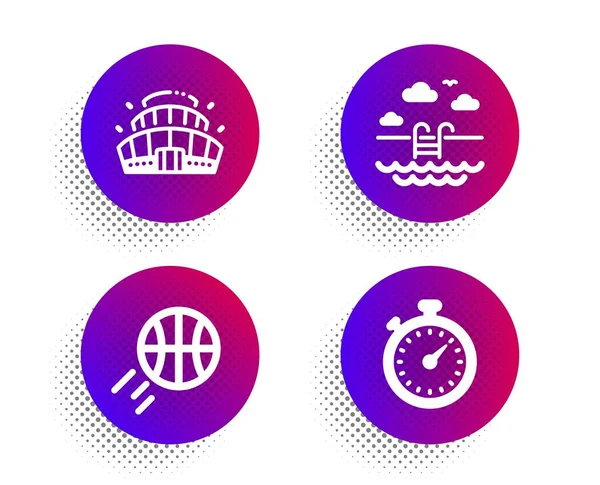 Баскетбол Басейн Арена Стадіон Значки Простий Набір Кнопку Напівтонові Крапки — стоковий вектор