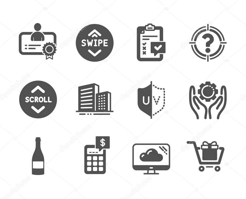 Set of Business icons, such as Cloud storage, Champagne bottle, Buildings, Shopping cart, Checklist, Uv protection, Headhunter, Employee hand, Calculator, Swipe up, Certificate. Vector