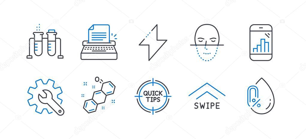 Set of Science icons, such as Graph phone, Chemistry beaker, Customisation, Energy, Face recognition, Chemical formula, Swipe up, Typewriter, Tips, No alcohol line icons. Line graph phone icon. Vector