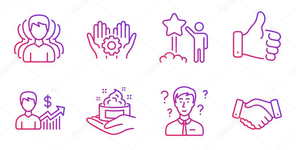 Skin care, Support consultant and Business growth line icons set. Employee hand, Group and Like hand signs. Star, Employees handshake symbols. Question mark, Earnings results. People set. Vector