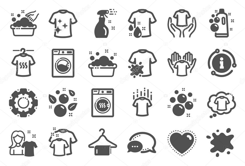 Laundry icons. Dryer, Washing machine and dirt shirt. Laundromat, hand washing, soap bubbles in basin icons. Dry t-shirt, laundry service, dirty smudge spot. Clean clothes. Quality set. Vector