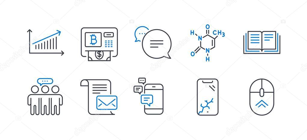 Set of Technology icons, such as Chart, Smartphone broken, Employees group, Communication, Chemical formula, Text message, Education, Bitcoin atm, Mail letter, Swipe up line icons. Vector