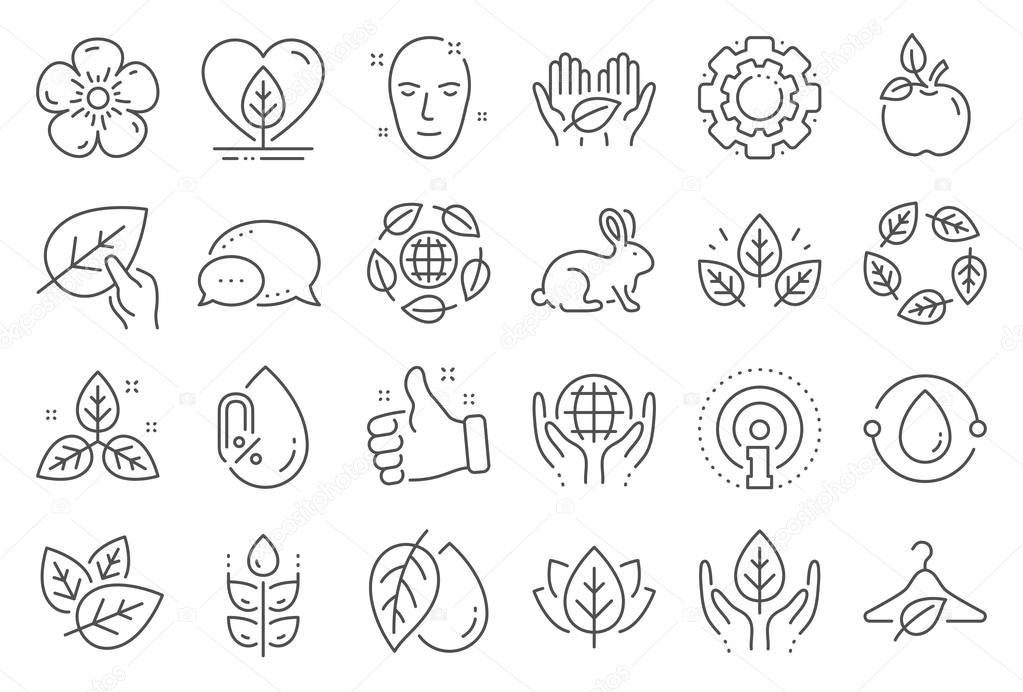 Organic cosmetics line icons. No alcohol free, synthetic fragrance. Slow fashion, sustainable textiles icons. Fair trade, eco organic cosmetics. Gluten free, animal testing. Line signs set. Vector