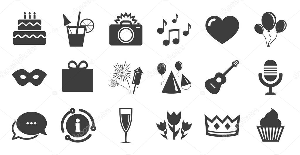 Set of Celebration, Birthday and Party icons. Information, chat bubble icon. Fireworks, Air balloon and Champagne glass signs. Gift box, Cake and Photo camera symbols. Music and cocktails. Vector
