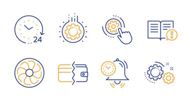 Dişli, Cogwheel ayarları ve Gerçekler satır simgeleri ayarlayın. 24 saat, Ödeme yöntemleri ve Zaman yönetimi işaretleri. Fan motoru, Gears sembolleri. İş süreci, Mühendislik aracı. İş seti. Hat dişli simgesi. Vektör