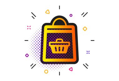 Süpermarket satın alma işareti. Yarı ton daireler deseni. Sepet simgesi ile alışveriş çantası. Satış sembolü. Klasik düz online satın alma simgesi. Vektör