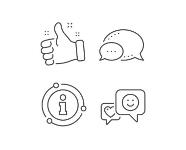 Kalp ve Gülümseme satırı simgesi. Sohbet balonu, bilgi işareti öğeleri. Tabela gibi favori. Pozitif geri bildirim sembolü. Doğrusal gülümseme anahat simgesi. Bilgi balonu. Vektör