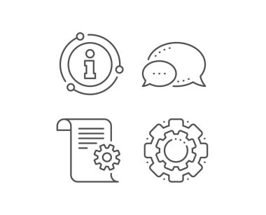 Teknik dokümantasyon satırı simgesi. Sohbet balonu, bilgi işareti öğeleri. Talimat işareti. Doğrusal teknik dokümantasyon anahat simgesi. Bilgi balonu. Vektör