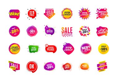Satış afiş rozeti. Özel teklif indirim etiketleri. Kupon şekli şablonları tasarım. Siber pazartesi satış indirimleri. Black Friday alışveriş simgeleri. En iyi teklif rozeti. Süper indirim simgeleri. Vektör afişleri
